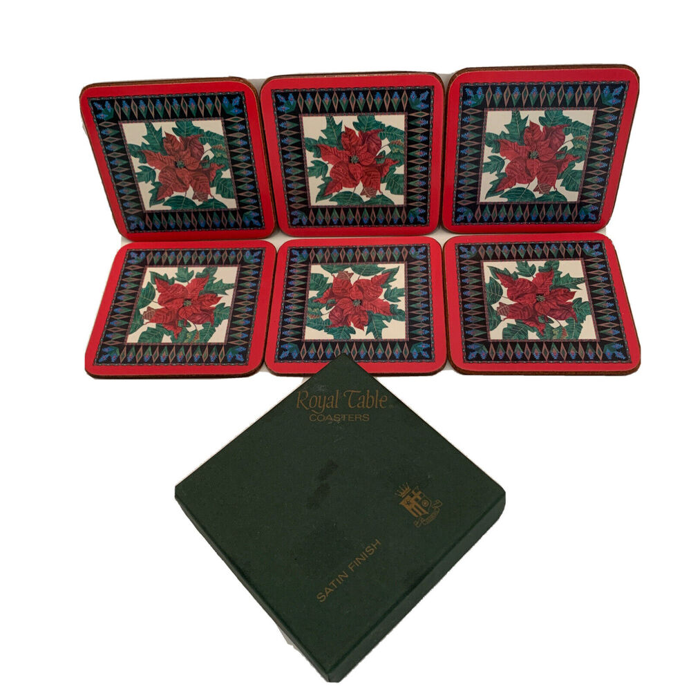 Royal Table Set of 6 Coasters Poinsettia Holiday Satin Finish Cork Backed 4" Sq